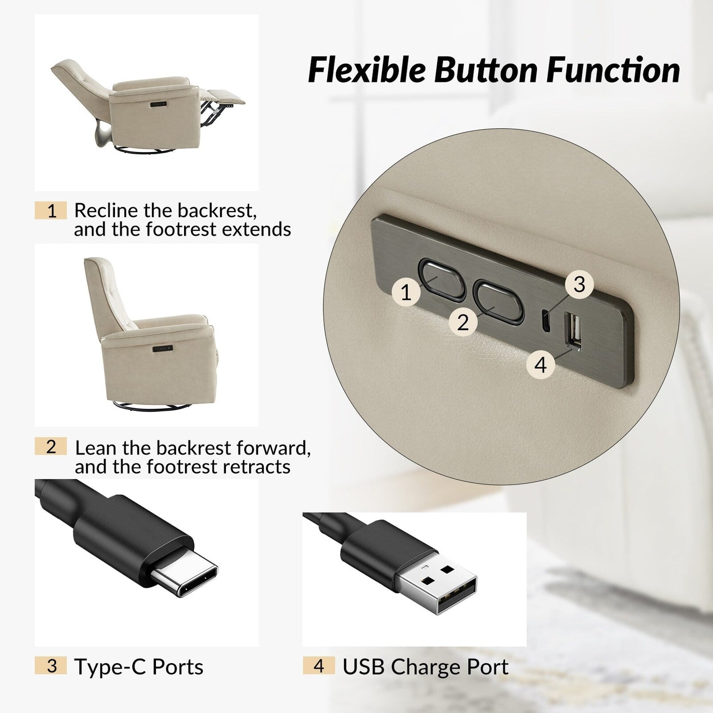 Fauteuil inclinable pivotant électrique moderne en similicuir Valentin avec ports USB, lot de 2 par HULALA HOME