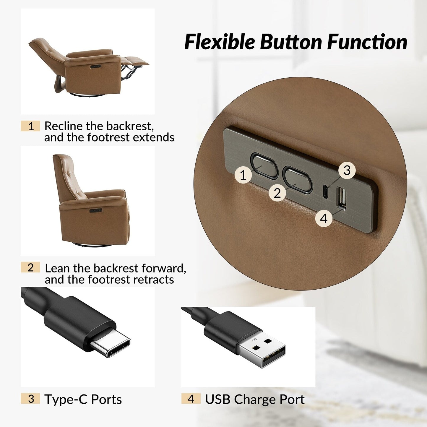 Fauteuil inclinable pivotant électrique moderne en similicuir Valentin avec ports USB, lot de 2 par HULALA HOME