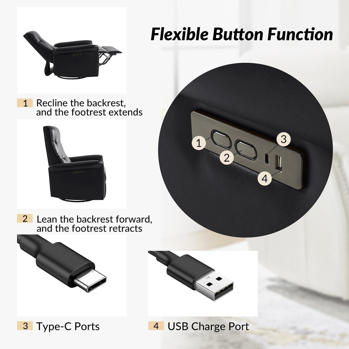 Fauteuil inclinable pivotant électrique moderne en similicuir Valentin avec ports USB, lot de 2 par HULALA HOME
