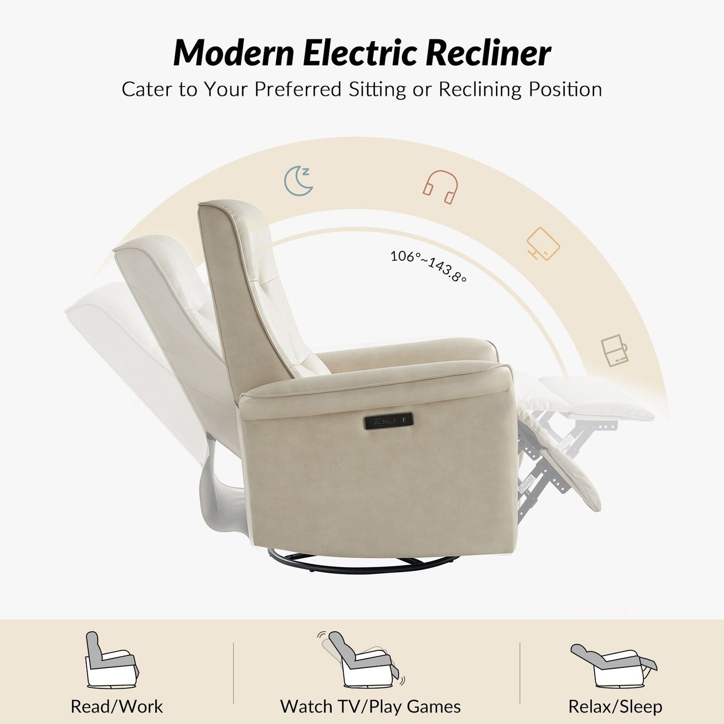 Fauteuil inclinable pivotant électrique moderne en similicuir Valentin avec ports USB, lot de 2 par HULALA HOME