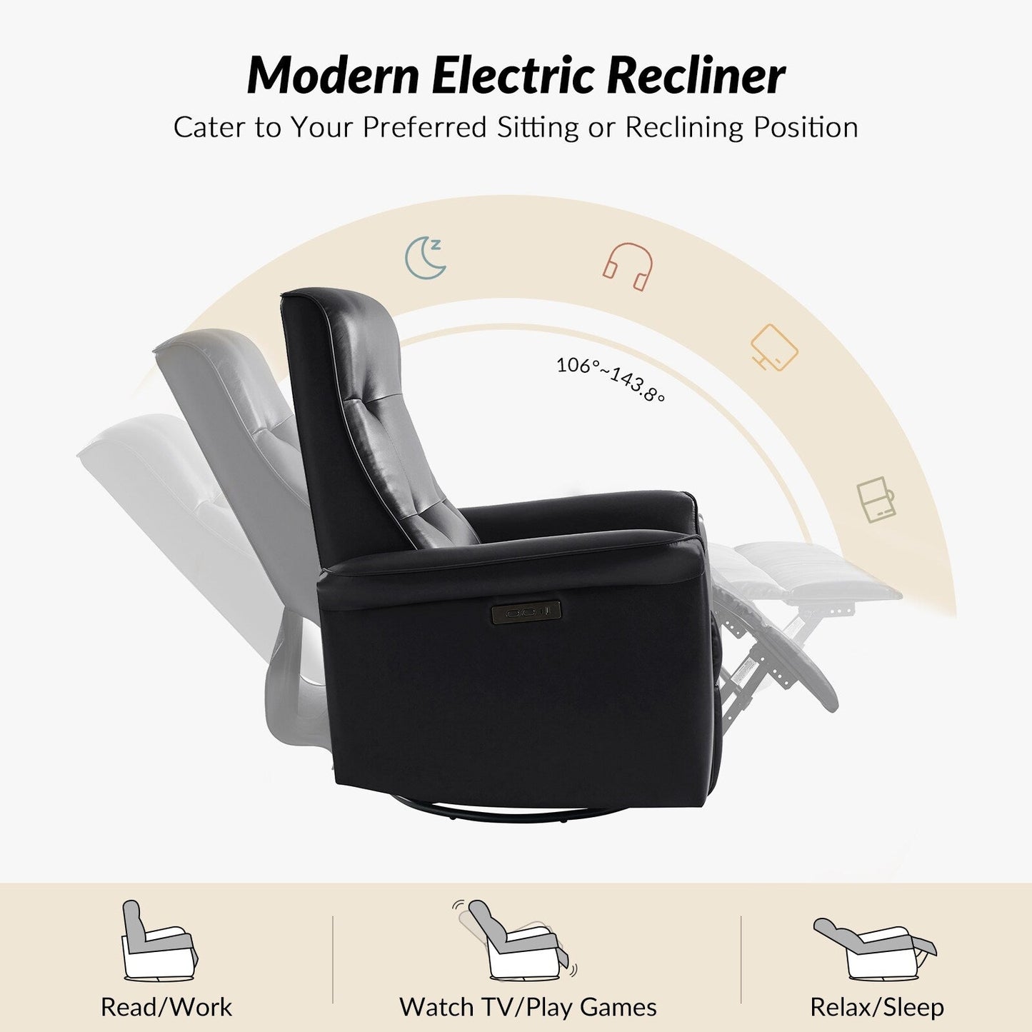 Fauteuil inclinable pivotant électrique moderne en similicuir Valentin avec ports USB, lot de 2 par HULALA HOME