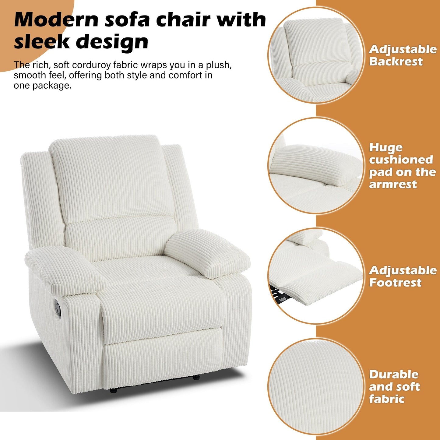 Fauteuil inclinable manuel rembourré en cuir végétalien