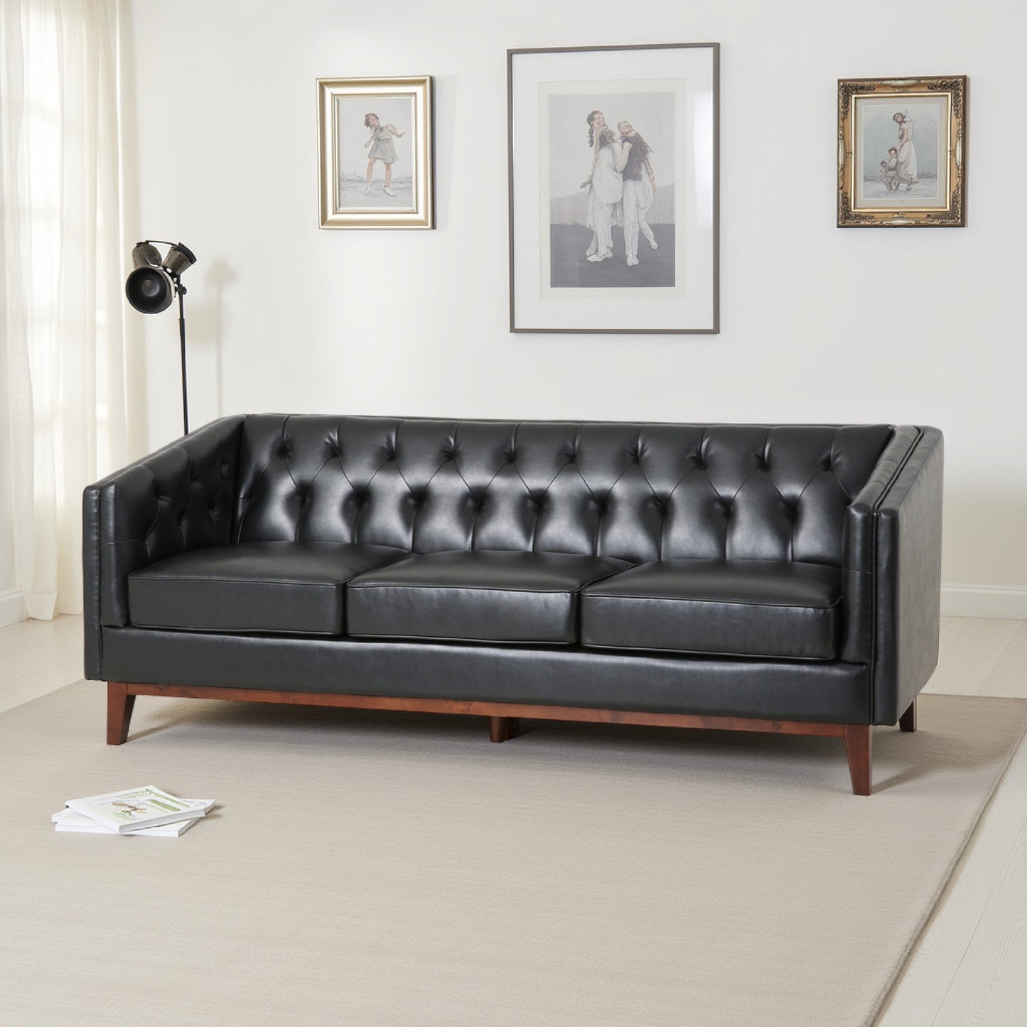 Canapé Vella, dossier à tirette, 81 pouces, similicuir noir capitonné