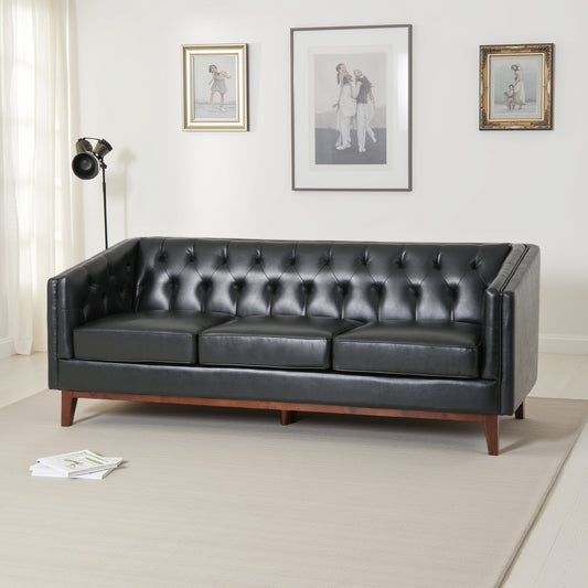 Canapé Vella, dossier à tirette, 81 pouces, similicuir noir capitonné