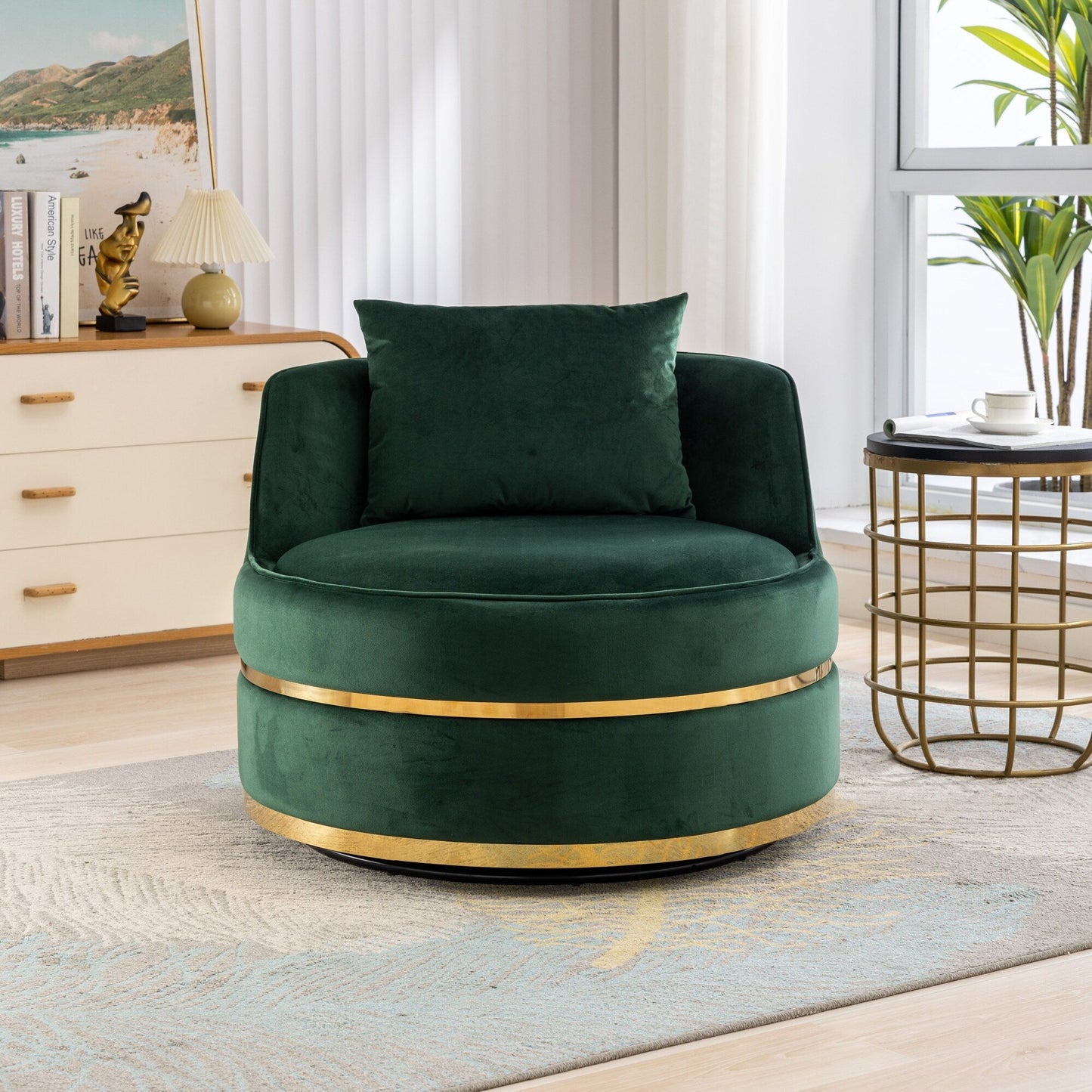 Fauteuil d'appoint pivotant à 360° en velours avec coussin d'assise, fauteuil tonneau rembourré avec base en acier inoxydable, fauteuil de salon