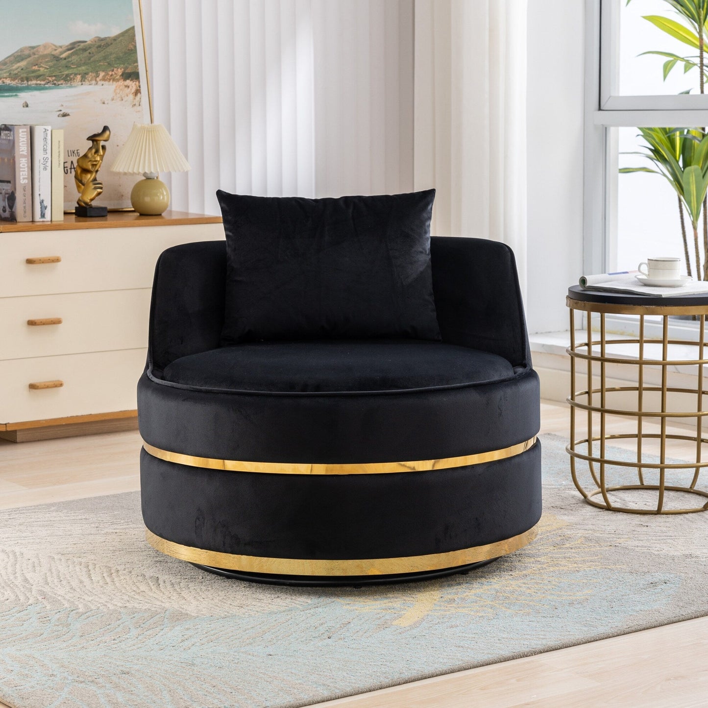Fauteuil d'appoint pivotant à 360° en velours avec coussin d'assise, fauteuil tonneau rembourré avec base en acier inoxydable, fauteuil de salon