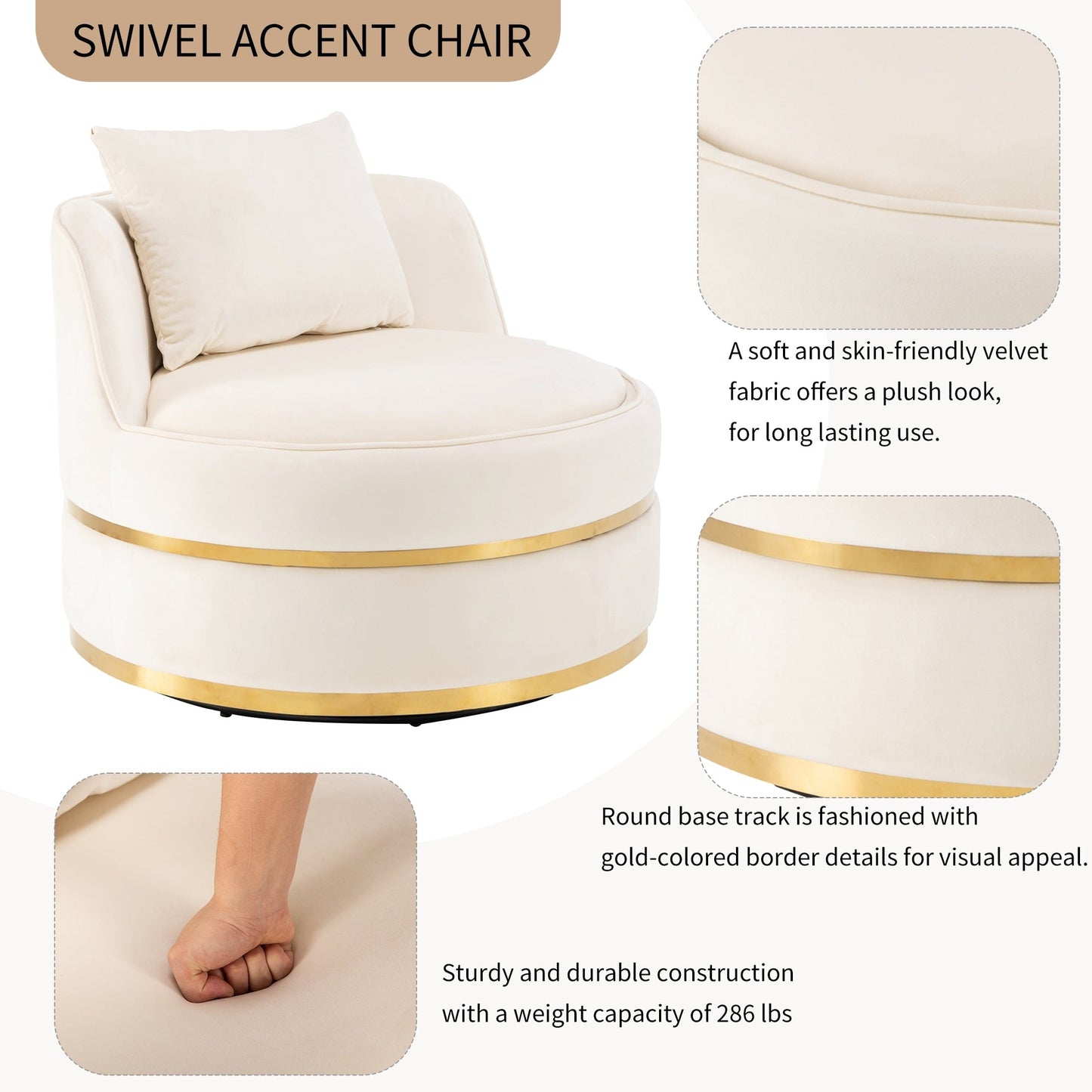 Fauteuil d'appoint pivotant à 360° en velours avec coussin d'assise, fauteuil tonneau rembourré avec base en acier inoxydable, fauteuil de salon