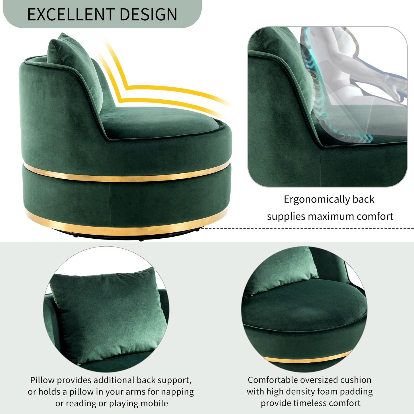 Fauteuil d'appoint pivotant à 360° en velours avec coussin d'assise, fauteuil tonneau rembourré avec base en acier inoxydable, fauteuil de salon