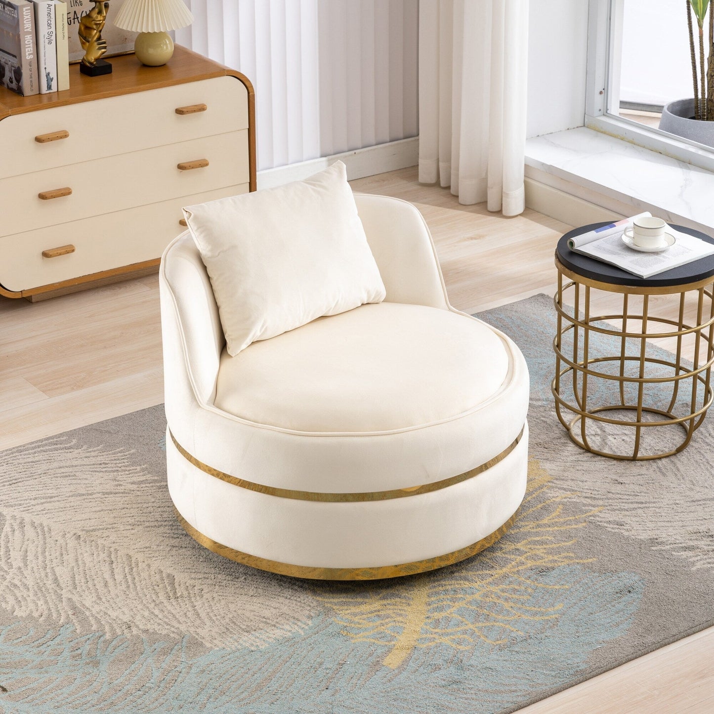 Fauteuil d'appoint pivotant à 360° en velours avec coussin d'assise, fauteuil tonneau rembourré avec base en acier inoxydable, fauteuil de salon