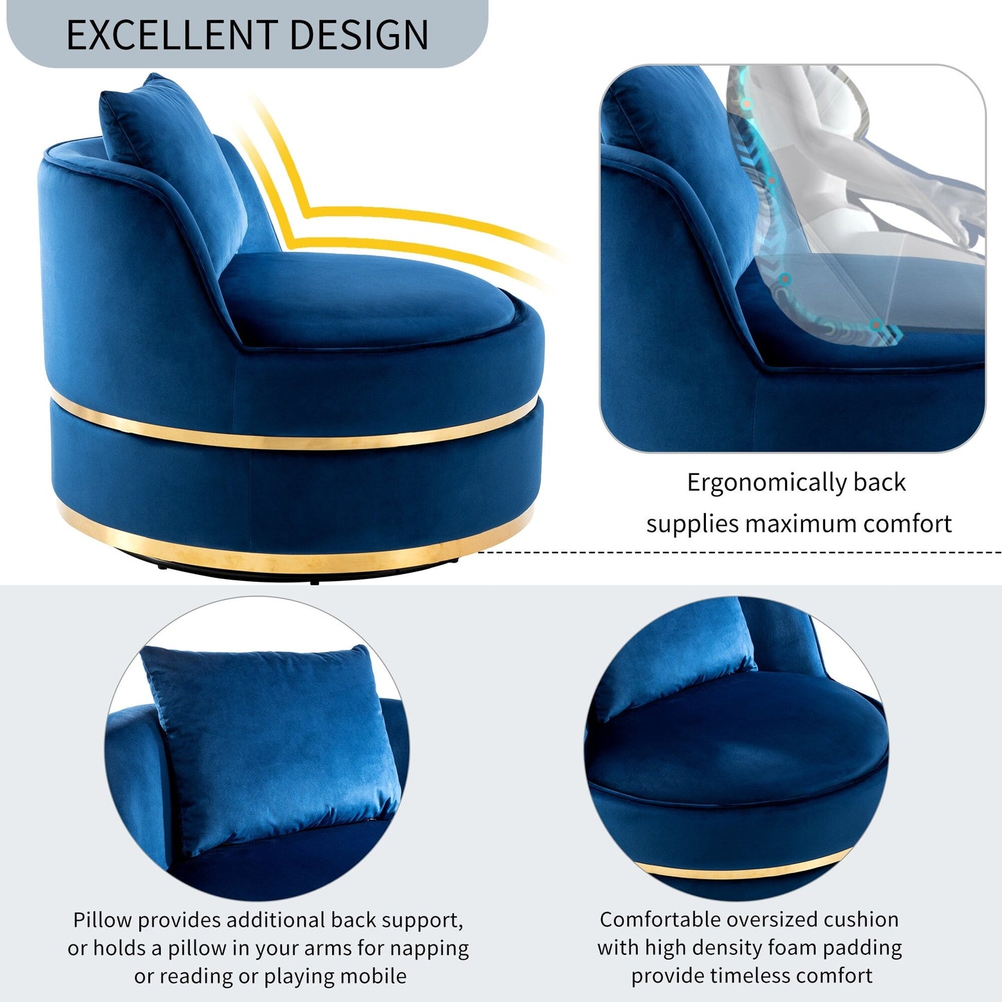 Fauteuil d'appoint pivotant à 360° en velours avec coussin d'assise, fauteuil tonneau rembourré avec base en acier inoxydable, fauteuil de salon