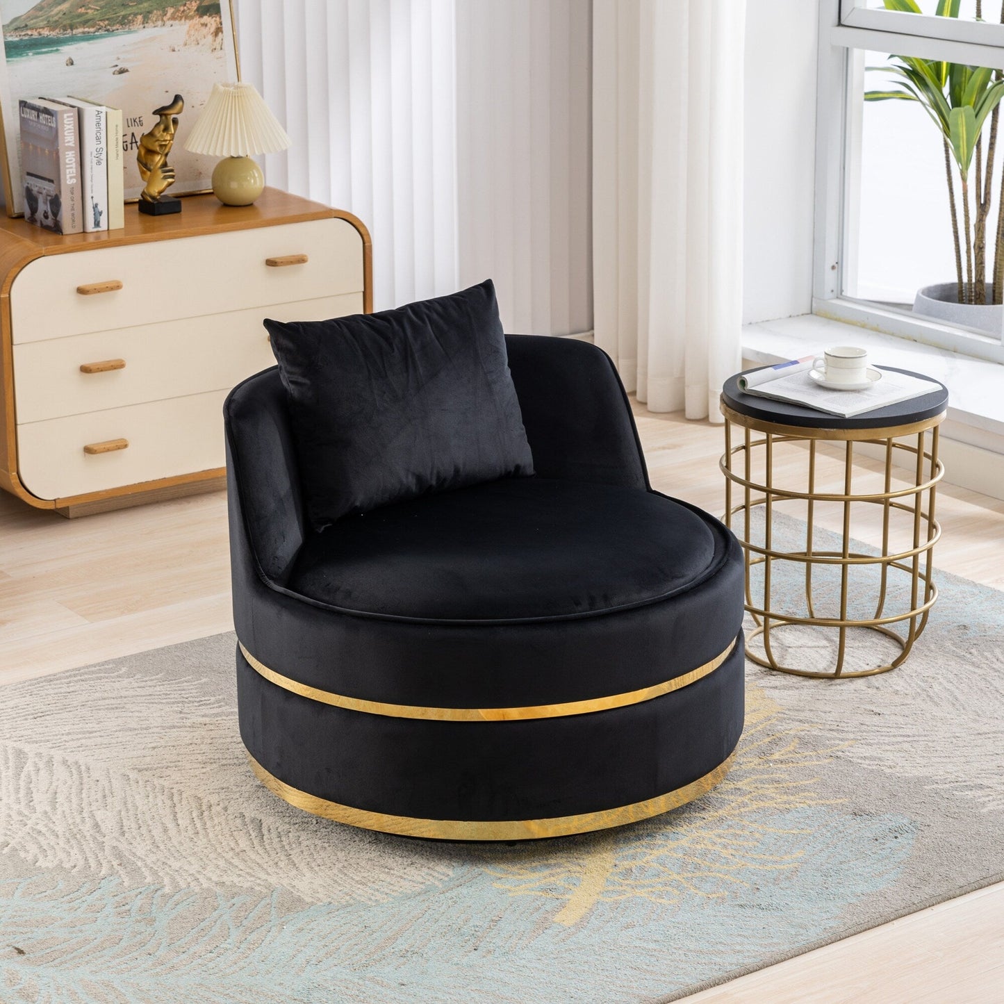 Fauteuil d'appoint pivotant à 360° en velours avec coussin d'assise, fauteuil tonneau rembourré avec base en acier inoxydable, fauteuil de salon
