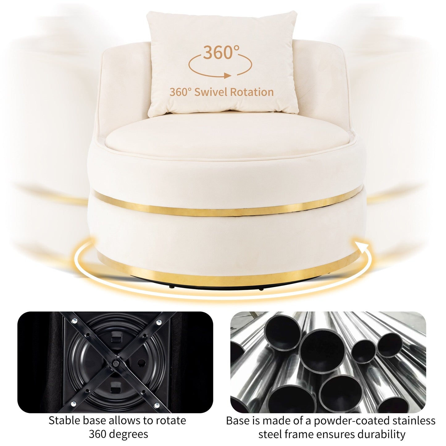 Fauteuil d'appoint pivotant à 360° en velours avec coussin d'assise, fauteuil tonneau rembourré avec base en acier inoxydable, fauteuil de salon