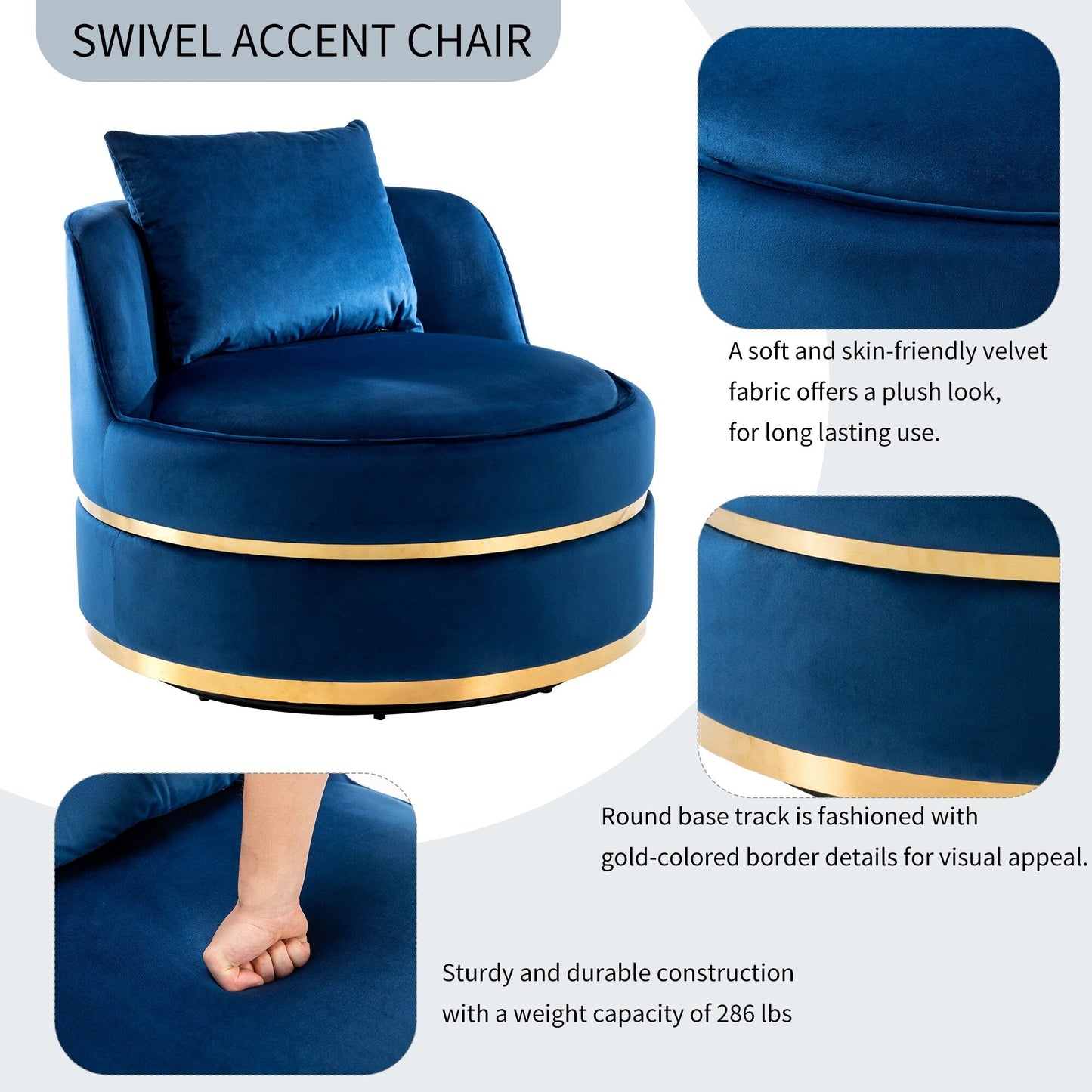 Fauteuil d'appoint pivotant à 360° en velours avec coussin d'assise, fauteuil tonneau rembourré avec base en acier inoxydable, fauteuil de salon