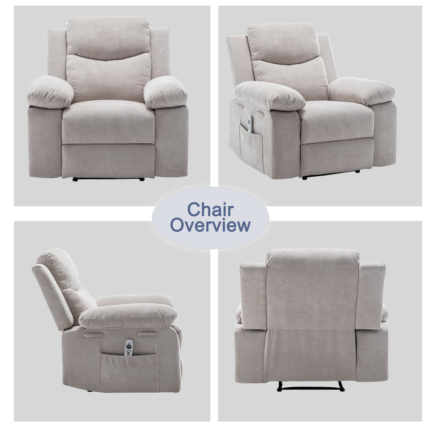 Fauteuil inclinable électrique en velours avec fonction de massage réglable et système de chauffage