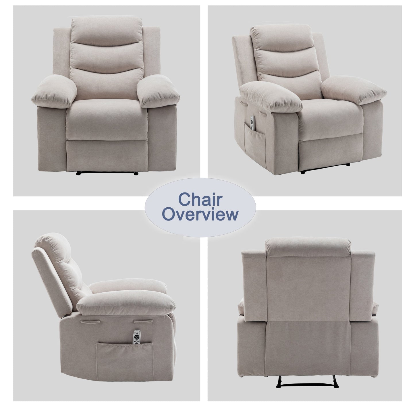 Fauteuil inclinable électrique en velours avec fonction de massage réglable et système de chauffage