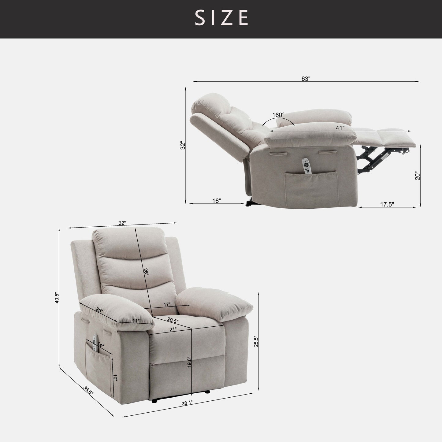 Fauteuil inclinable électrique en velours avec fonction de massage réglable et système de chauffage