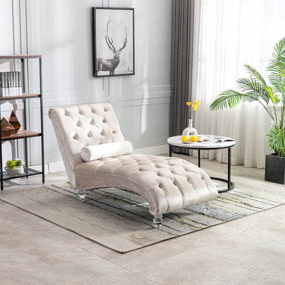 Chaise longue d'intérieur en velours, capitonnée et rembourrée avec coussin, idéale pour la chambre, le salon ou le bureau.