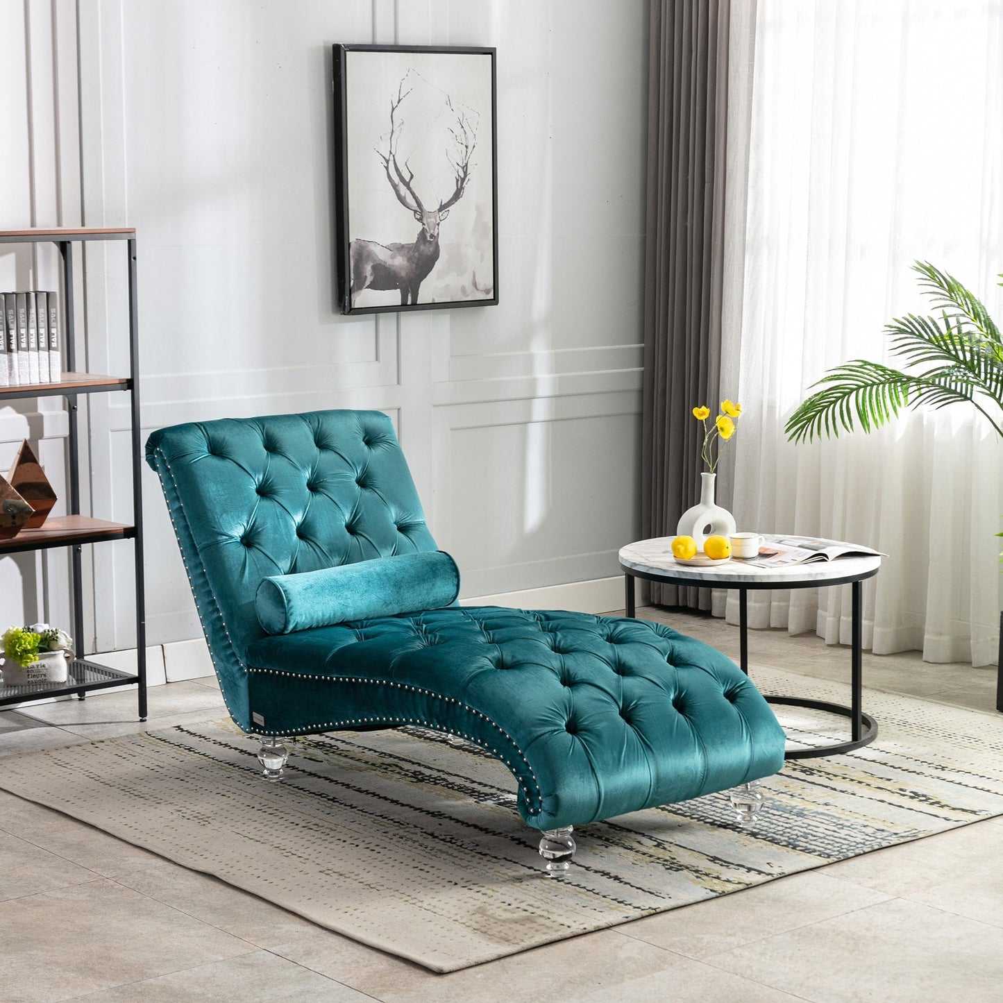 Chaise longue d'intérieur en velours, capitonnée et rembourrée avec coussin, idéale pour la chambre, le salon ou le bureau.