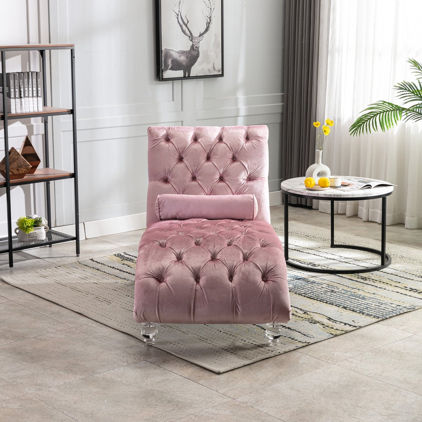 Chaise longue d'intérieur en velours, capitonnée et rembourrée avec coussin, idéale pour la chambre, le salon ou le bureau.