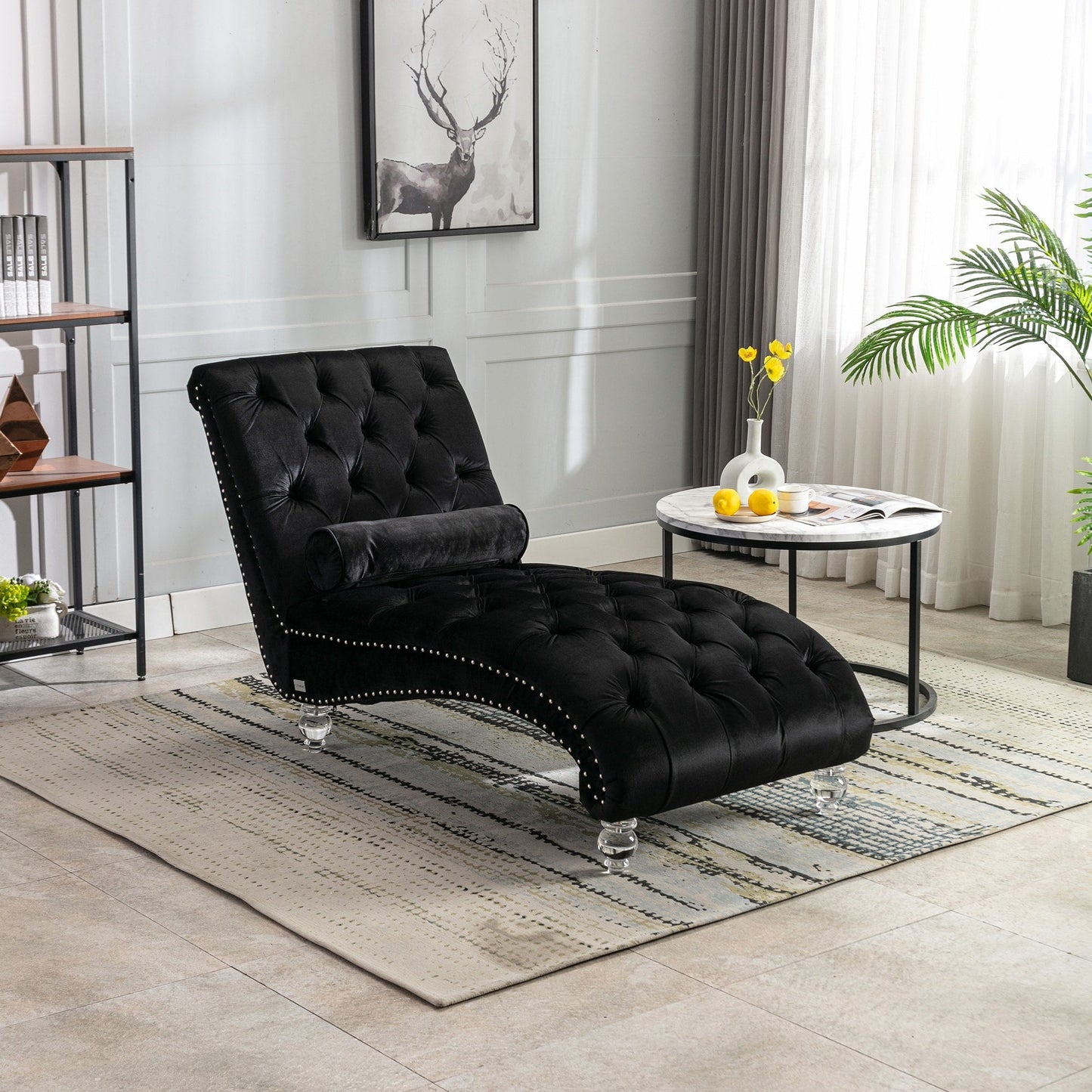 Chaise longue d'intérieur en velours, capitonnée et rembourrée avec coussin, idéale pour la chambre, le salon ou le bureau.