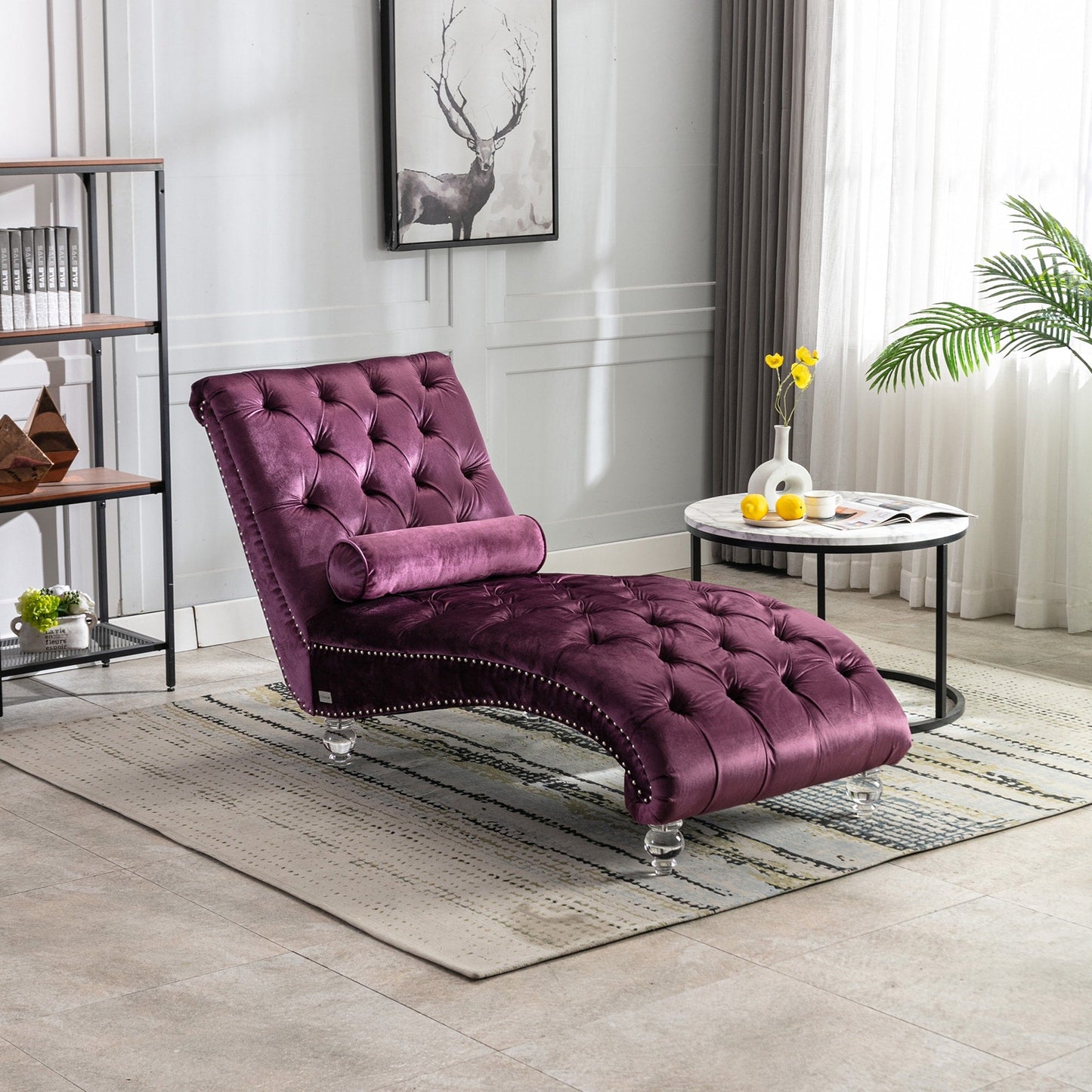 Chaise longue d'intérieur en velours, capitonnée et rembourrée avec coussin, idéale pour la chambre, le salon ou le bureau.