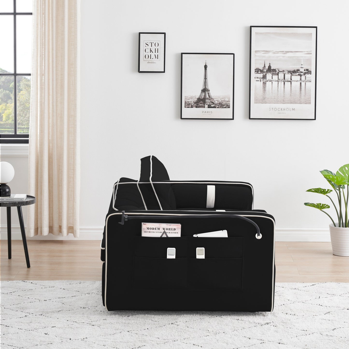 Canapé-lit convertible 2 places en velours de 55 pouces avec lit gigogne, inclinaison réglable, poches latérales et support pour téléphone