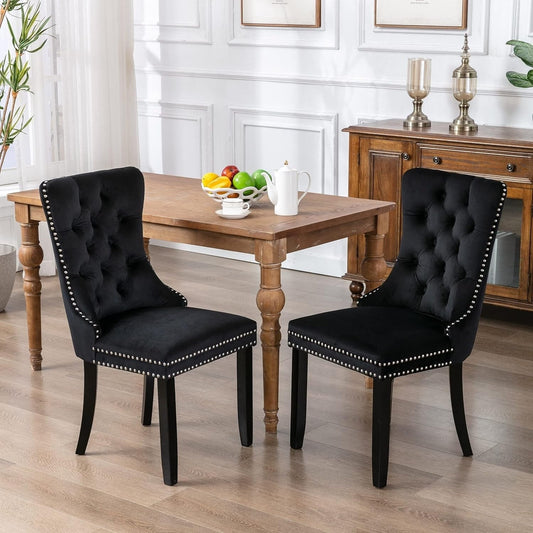 Lot de 2 chaises de salle à manger en velours, capitonnées, avec dossier clouté et garniture à anneau – 64 x 50 x 95 cm