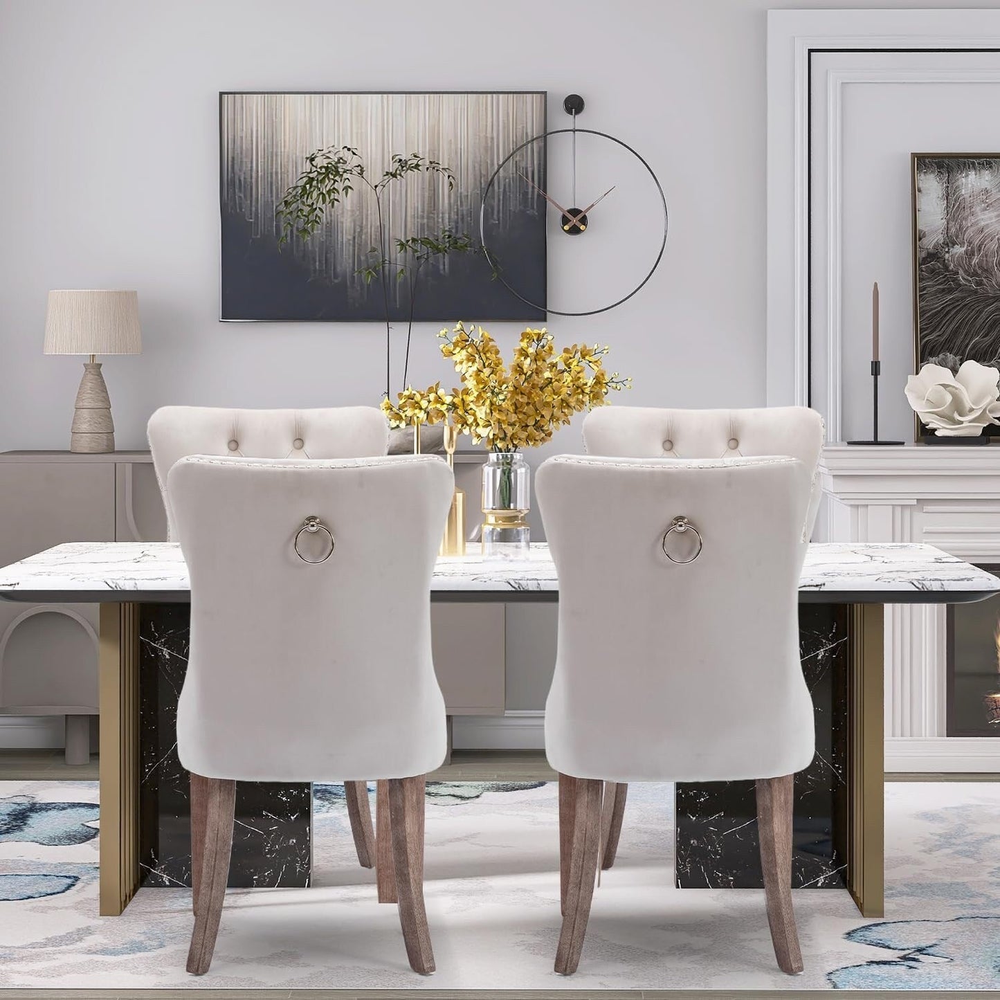 Lot de 2 chaises de salle à manger en velours, capitonnées, avec dossier clouté et garniture à anneau – 64 x 50 x 95 cm