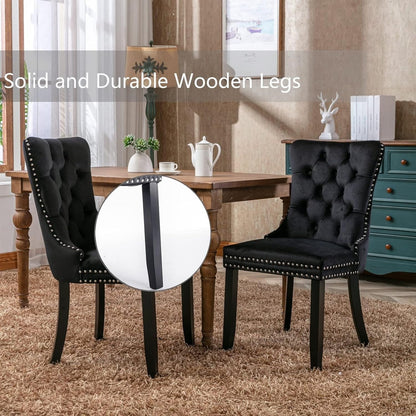 Lot de 2 chaises de salle à manger en velours, capitonnées, avec dossier clouté et garniture à anneau – 64 x 50 x 95 cm