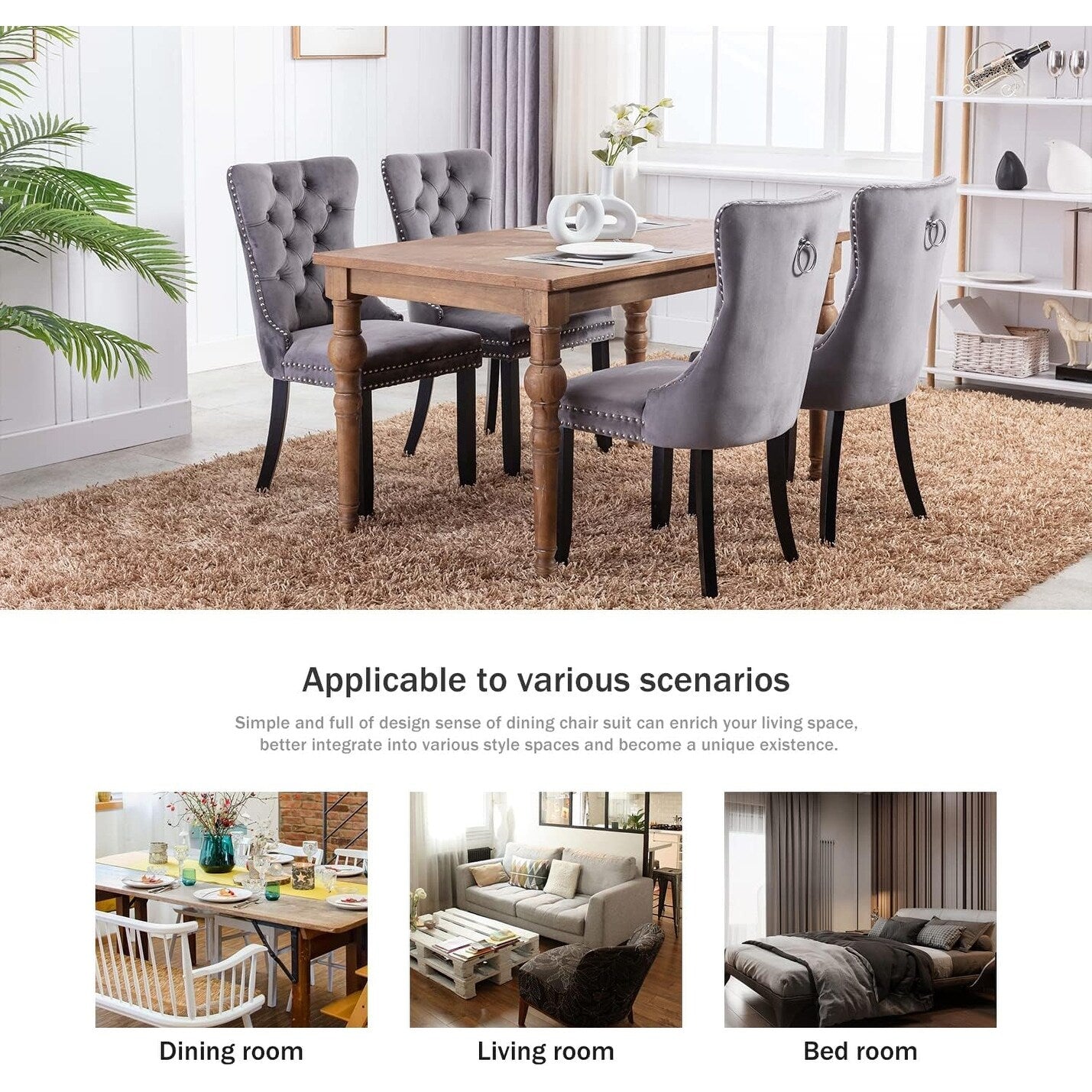 Lot de 2 chaises de salle à manger en velours, capitonnées, avec dossier clouté et garniture à anneau – 64 x 50 x 95 cm