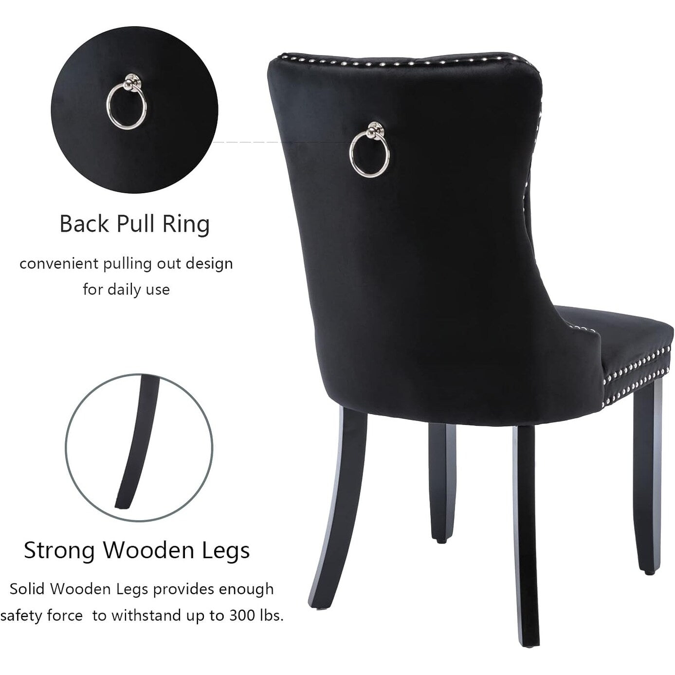 Lot de 2 chaises de salle à manger en velours, capitonnées, avec dossier clouté et garniture à anneau – 64 x 50 x 95 cm