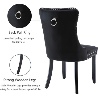 Lot de 2 chaises de salle à manger en velours, capitonnées, avec dossier clouté et garniture à anneau – 64 x 50 x 95 cm