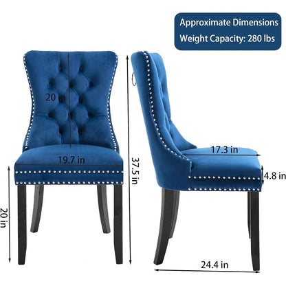 Lot de 2 chaises de salle à manger en velours, capitonnées, avec dossier clouté et garniture à anneau – 64 x 50 x 95 cm