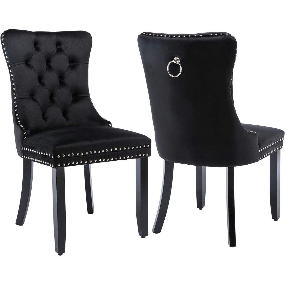 Lot de 2 chaises de salle à manger en velours, capitonnées, avec dossier clouté et garniture à anneau – 64 x 50 x 95 cm