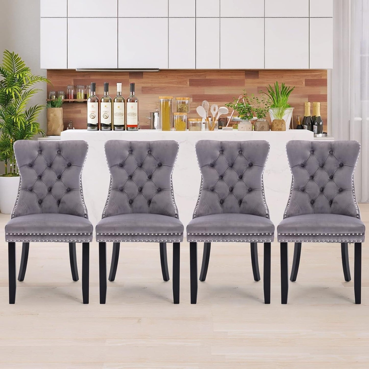 Lot de 2 chaises de salle à manger en velours, capitonnées, avec dossier clouté et garniture à anneau – 64 x 50 x 95 cm