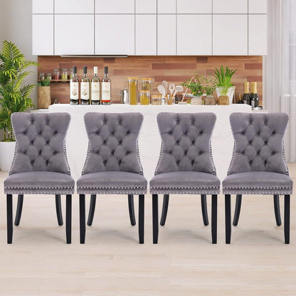 Lot de 2 chaises de salle à manger en velours, capitonnées, avec dossier clouté et garniture à anneau – 64 x 50 x 95 cm