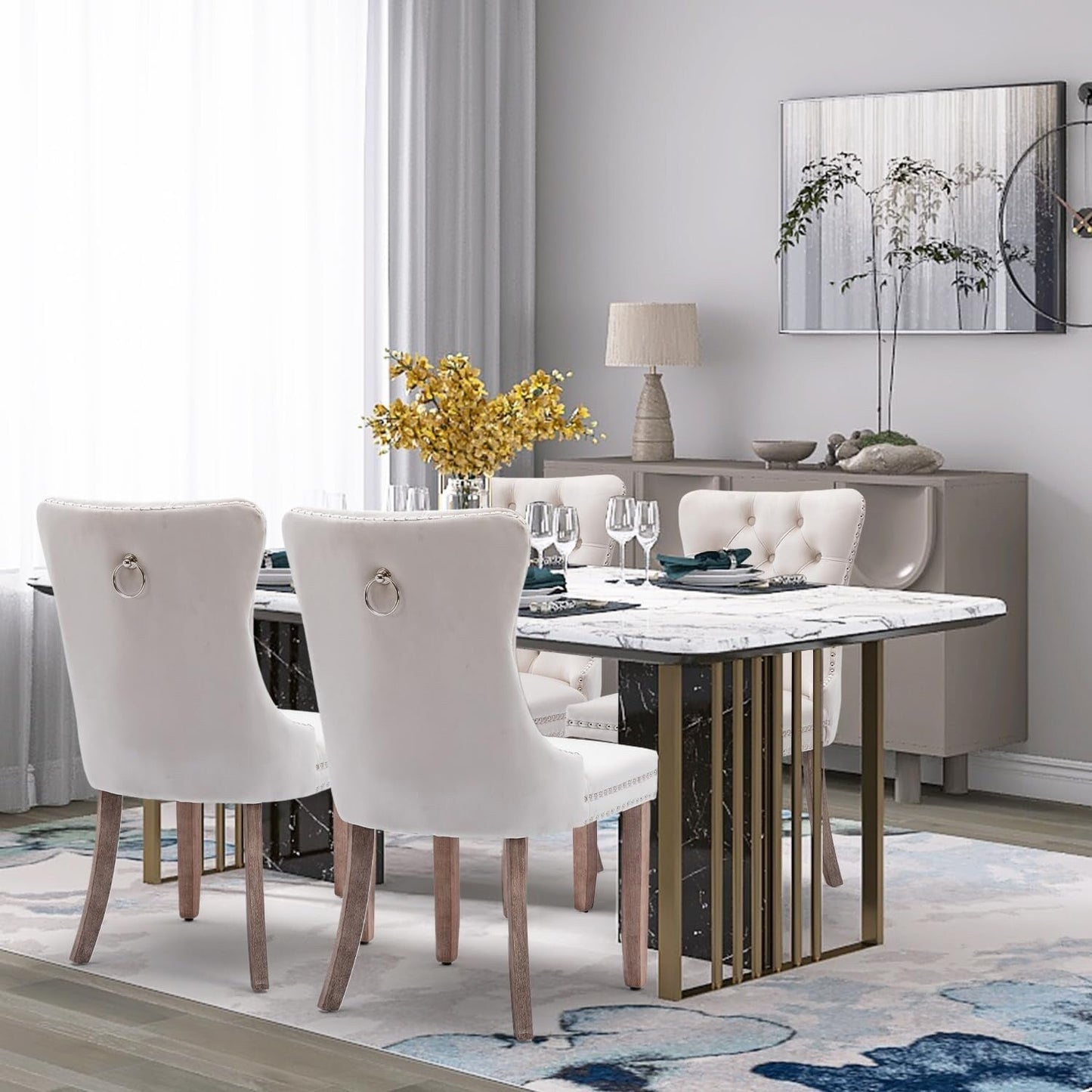 Lot de 2 chaises de salle à manger en velours, capitonnées, avec dossier clouté et garniture à anneau – 64 x 50 x 95 cm