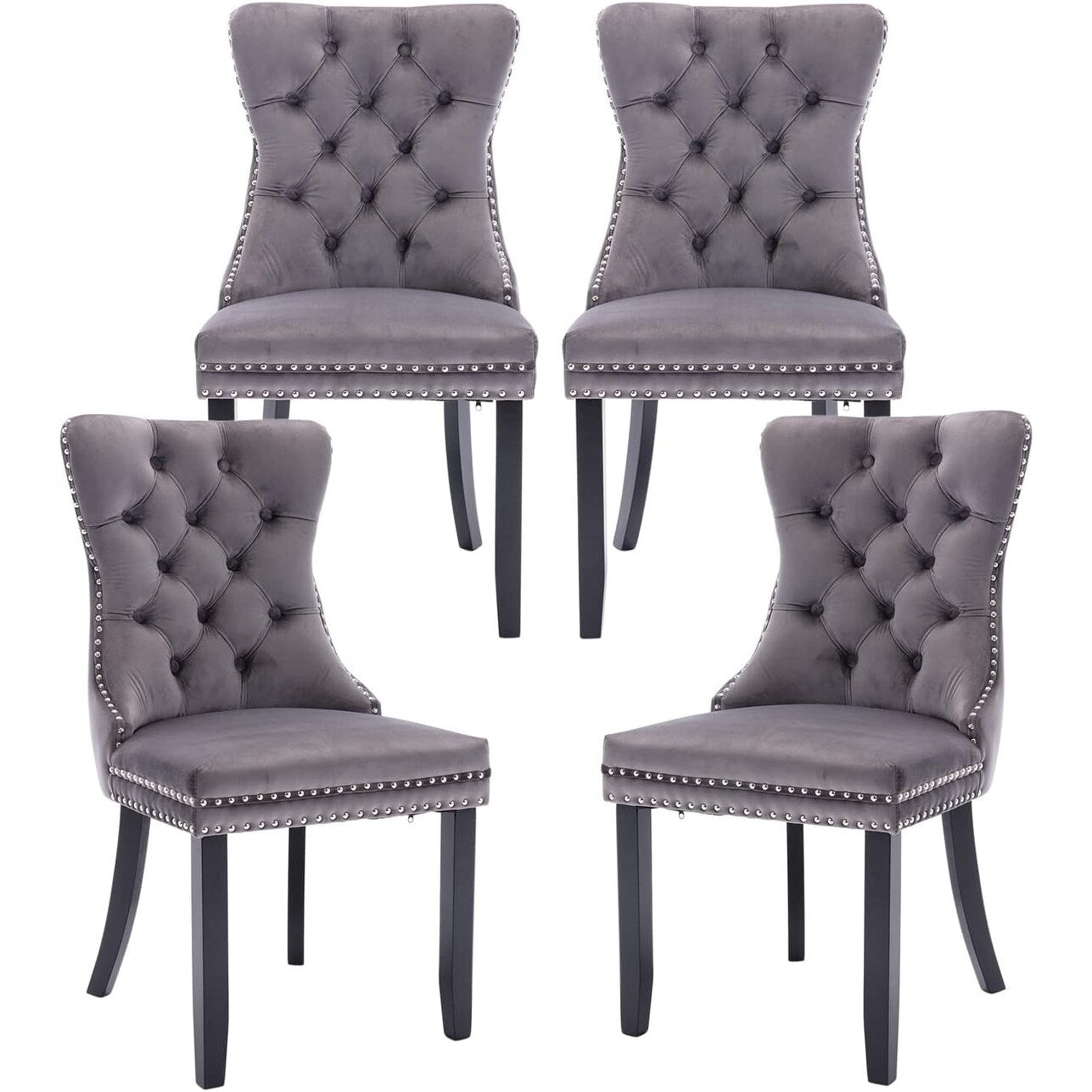 Lot de 2 chaises de salle à manger en velours, capitonnées, avec dossier clouté et garniture à anneau – 64 x 50 x 95 cm