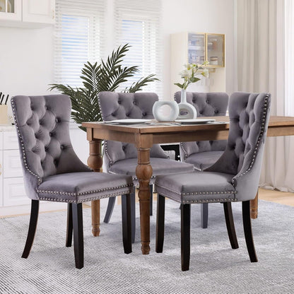 Lot de 2 chaises de salle à manger en velours, capitonnées, avec dossier clouté et garniture à anneau – 64 x 50 x 95 cm