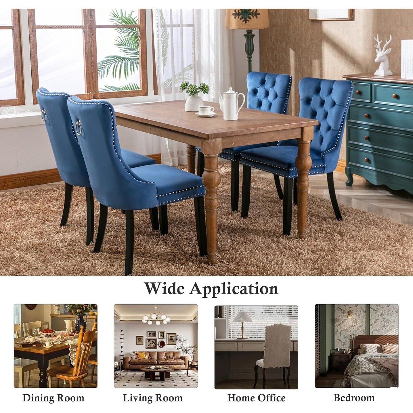 Lot de 2 chaises de salle à manger en velours, capitonnées, avec dossier clouté et garniture à anneau – 64 x 50 x 95 cm