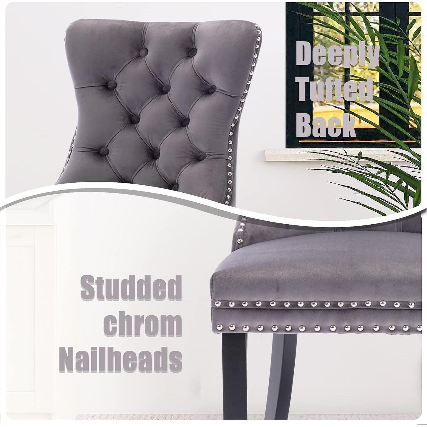 Lot de 2 chaises de salle à manger en velours, capitonnées, avec dossier clouté et garniture à anneau – 64 x 50 x 95 cm