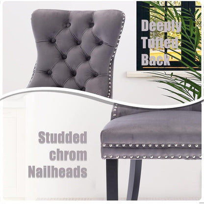 Lot de 2 chaises de salle à manger en velours, capitonnées, avec dossier clouté et garniture à anneau – 64 x 50 x 95 cm