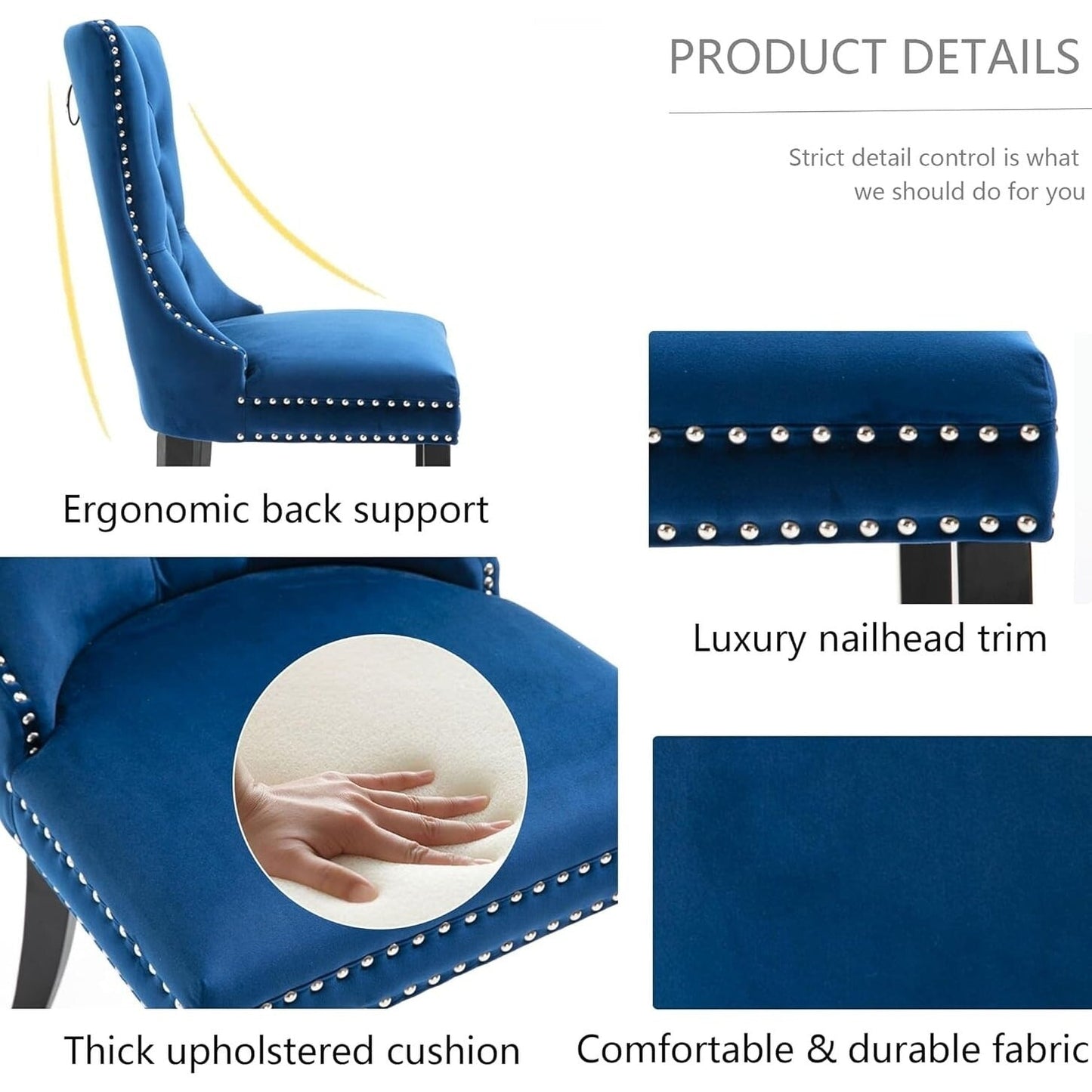 Lot de 2 chaises de salle à manger en velours, capitonnées, avec dossier clouté et garniture à anneau – 64 x 50 x 95 cm