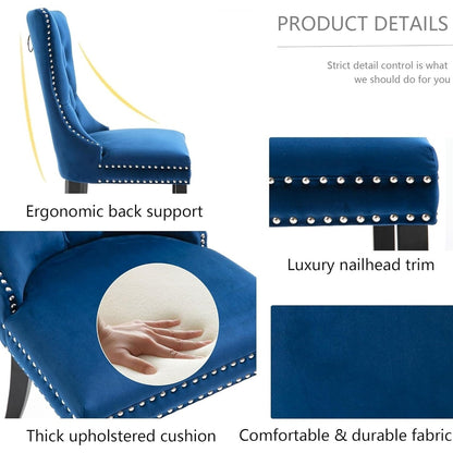 Lot de 2 chaises de salle à manger en velours, capitonnées, avec dossier clouté et garniture à anneau – 64 x 50 x 95 cm