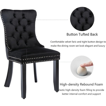 Lot de 2 chaises de salle à manger en velours, capitonnées, avec dossier clouté et garniture à anneau – 64 x 50 x 95 cm