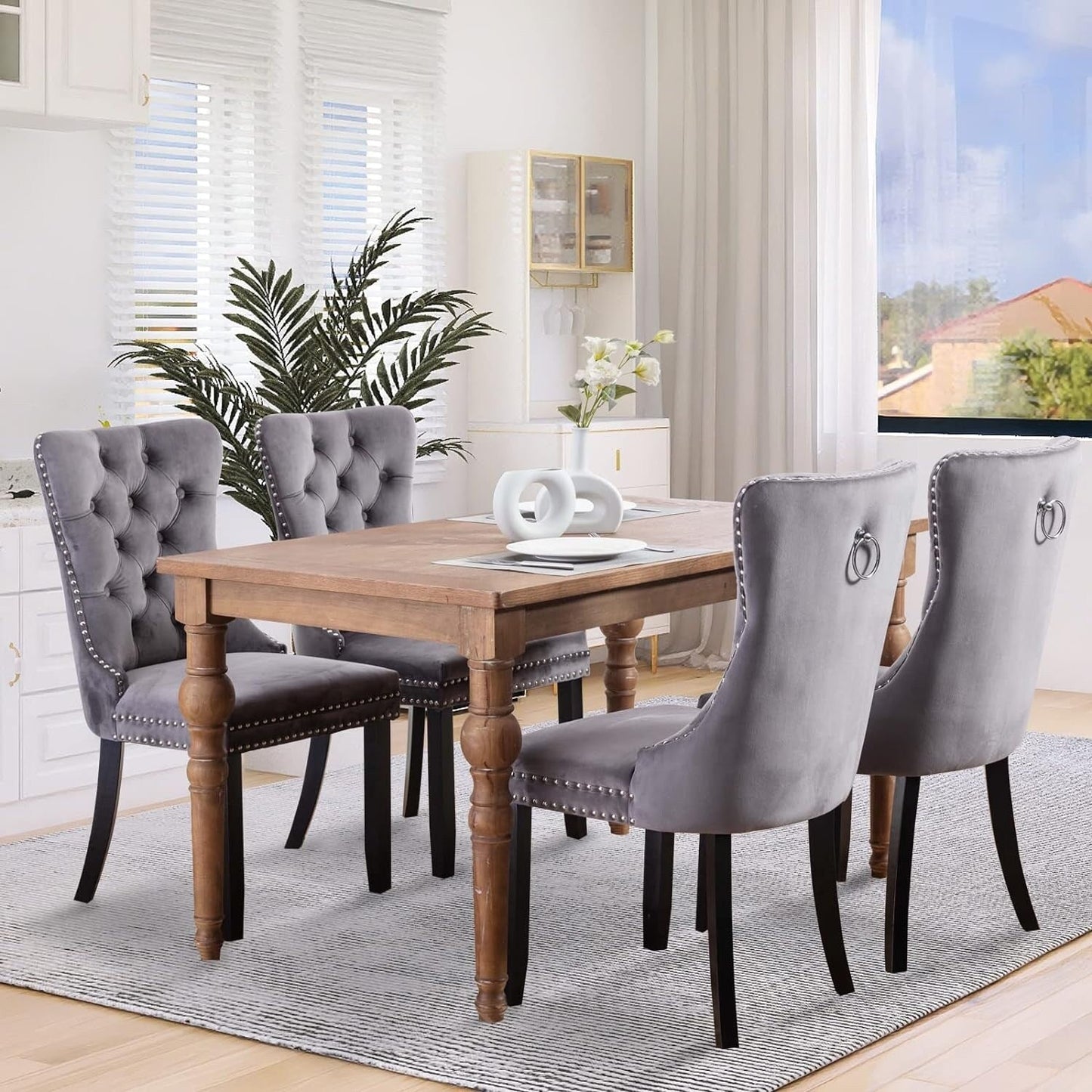 Lot de 2 chaises de salle à manger en velours, capitonnées, avec dossier clouté et garniture à anneau – 64 x 50 x 95 cm