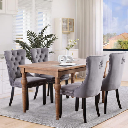 Lot de 2 chaises de salle à manger en velours, capitonnées, avec dossier clouté et garniture à anneau – 64 x 50 x 95 cm