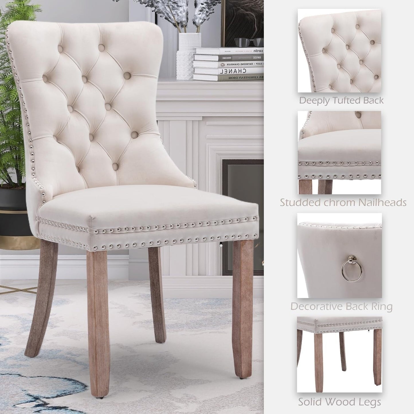 Lot de 2 chaises de salle à manger en velours, capitonnées, avec dossier clouté et garniture à anneau – 64 x 50 x 95 cm