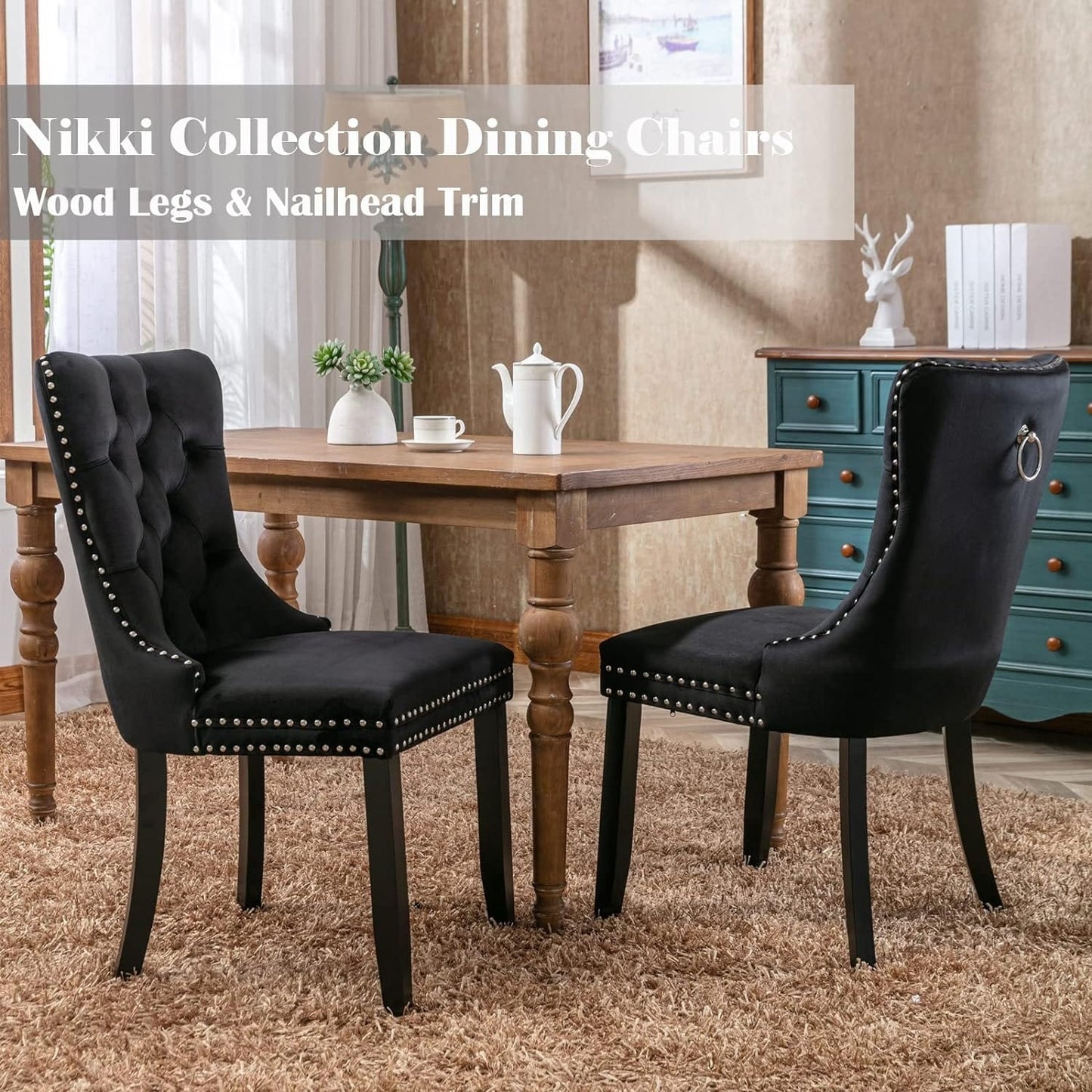 Lot de 2 chaises de salle à manger en velours, capitonnées, avec dossier clouté et garniture à anneau – 64 x 50 x 95 cm