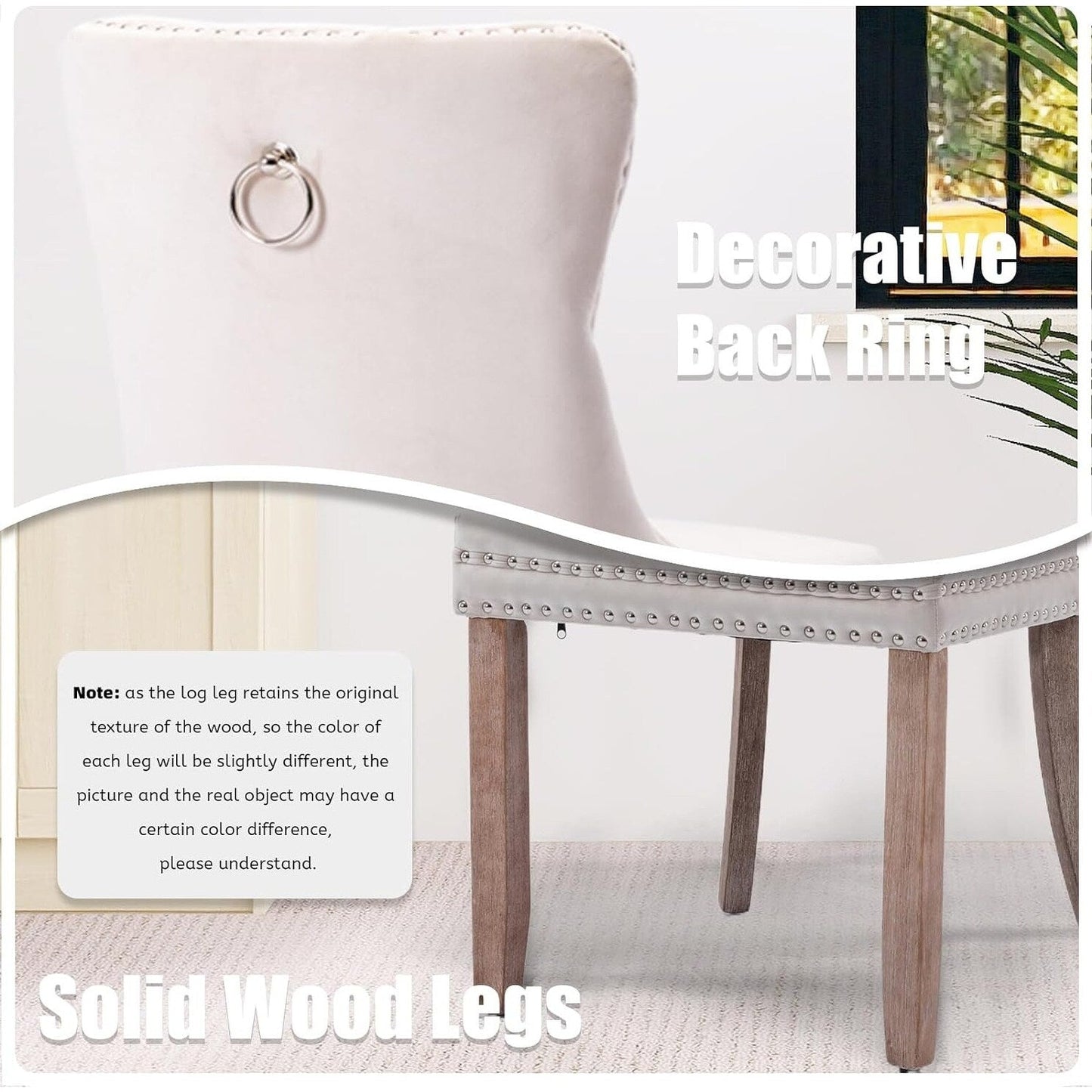 Lot de 2 chaises de salle à manger en velours, capitonnées, avec dossier clouté et garniture à anneau – 64 x 50 x 95 cm